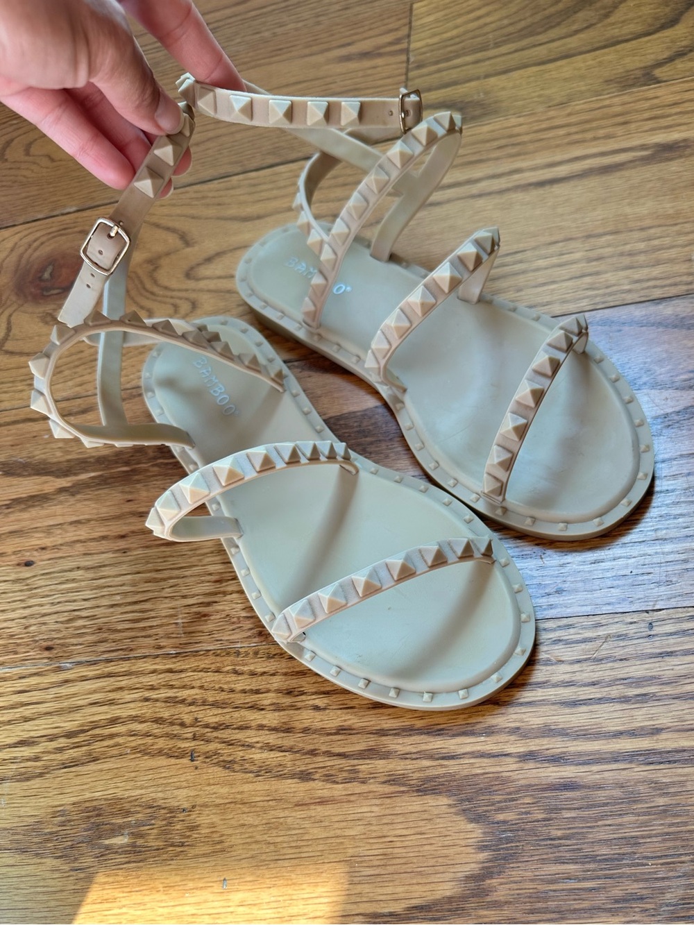 BAMBOO Nude Studded Strappy Flat Sandals